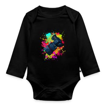 tolle Kamera mit Objektiv in Farbkleckse Geschenk - Baby Bio-Langarm-Body - Schwarz - Vorne