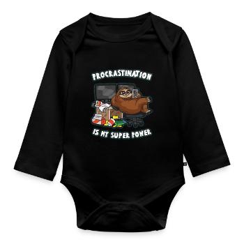 PROCRASTINATION Is My Super Power Faules Faultier - Baby Bio-Langarm-Body - Schwarz - Vorne