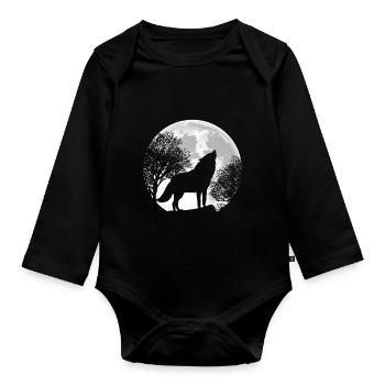 Loup hurlant lune silhouette loups nature - Body Bébé bio manches longues - noir - Devant