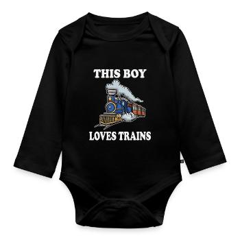 This Boy Loves Trains - Organic Longsleeve Baby Bodysuit - black - Front