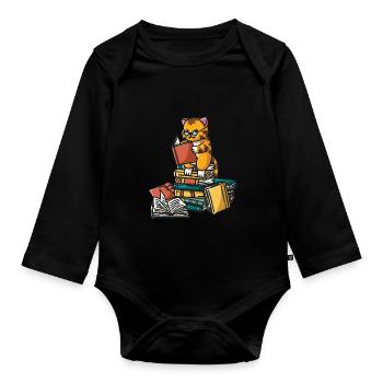 Katze liest Leseratte Lesen Damen - Baby Bio-Langarm-Body - Schwarz - Vorne