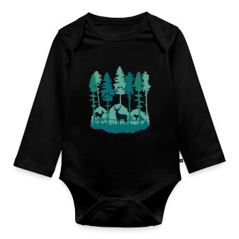 Animaux de la forêt et de la forêt - arbres, cerfs, cerfs et renards - Body Bébé bio manches longues - noir - Devant
