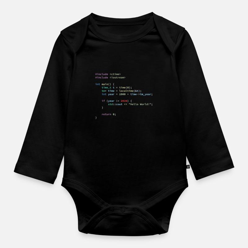 Hello World 2020 in C++ Programming Language, Code - Baby Bio-Langarm-Body - Schwarz