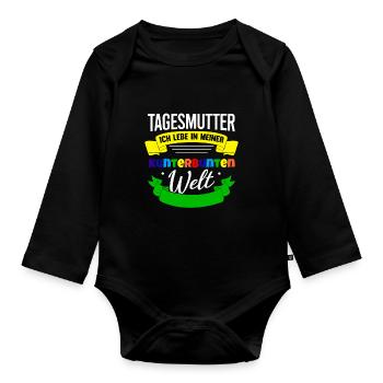 Tagesmutter Geschenk Kunterbunte Welt Tagesmutti - Baby Bio-Langarm-Body - Schwarz - Vorne