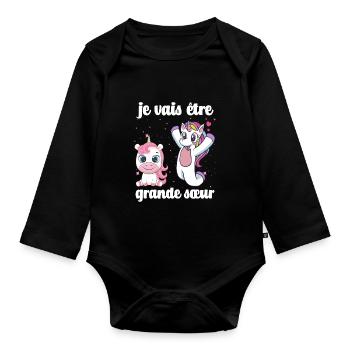 Je vais être grande-sœur - future grande soeur - Body Bébé bio manches longues - noir - Devant
