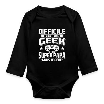 Papa Geek | Cadeau Gaming - Body Bébé bio manches longues - noir - Devant