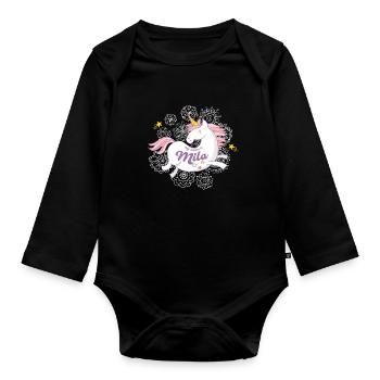 Vorname Mila Einhorn Geschenk - Baby Bio-Langarm-Body - Schwarz - Vorne