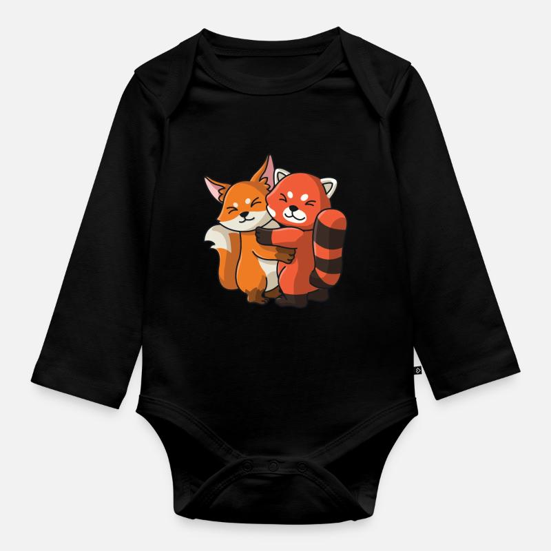 Renard avec panda roux aime les animaux mignons doux - Body Bébé bio manches longues - noir