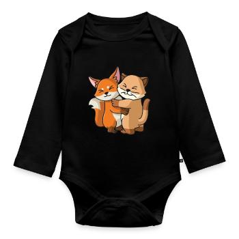 Chat avec renard aime les animaux mignons doux - Body Bébé bio manches longues - noir - Devant