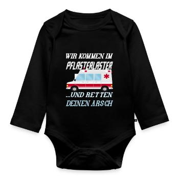 PFLASTERLASTER Sanitäter Krankenwagen - Baby Bio-Langarm-Body - Schwarz - Vorne