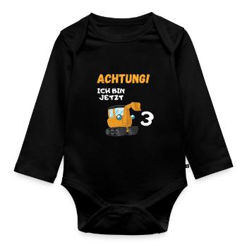 3 Geburtstag Bagger Kindergeburtstag Traktor - Baby Bio-Langarm-Body - Schwarz - Vorne