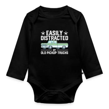 Easily distractable by old pickup trucks vintage cars - Organic Longsleeve Baby Bodysuit - black - Front