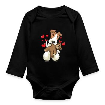 Foxterrier Drahthaar Hund mit Stofftier - Baby Bio-Langarm-Body - Schwarz - Vorne