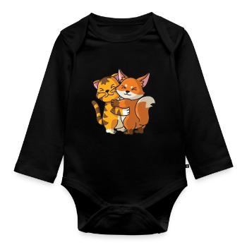 Tabby Cat and Fox Hug Cuddle Animals - Organic Longsleeve Baby Bodysuit - black - Front