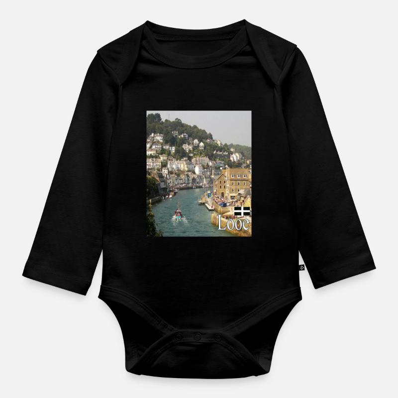 Looe, Cornwall - Organic Longsleeve Baby Bodysuit - black