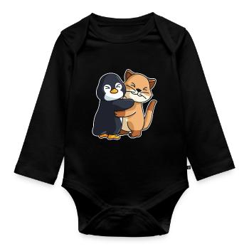 Penguin Cat cute Hug Cuddle Animals - Organic Longsleeve Baby Bodysuit - black - Front