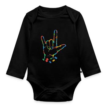 Autism Colorful Puzzle ASL Hand Sign Language - Organic Longsleeve Baby Bodysuit - black - Front