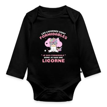 Les licornes sont formidables je suis une licorne - Body Bébé bio manches longues - noir - Devant