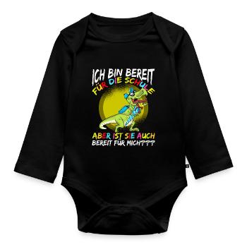 Schulkind Einschulung mit Dinosaurier - Baby Bio-Langarm-Body - Schwarz - Vorne