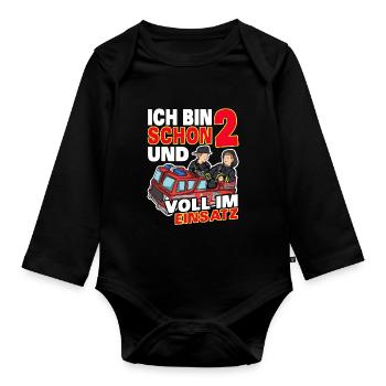 Ich bin schon 2 | 2. Geburtstag Feuerwehr Jungen - Baby Bio-Langarm-Body - Schwarz - Vorne