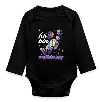 Schulkind Mädchen Einschulung mit Schmetterling - Baby Bio-Langarm-Body - Schwarz - Vorne