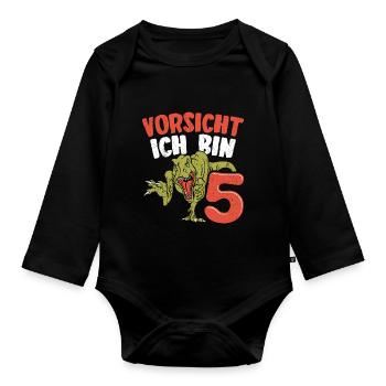 VORSICHT ich bin schon 5 Dinosaurier T Rex Spruch - Baby Bio-Langarm-Body - Schwarz - Vorne