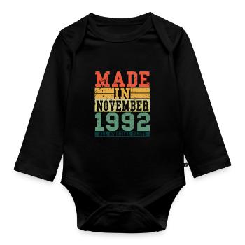1992 Birthday November Vintage Saying - Organic Longsleeve Baby Bodysuit - black - Front
