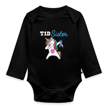 Type 1 Diabetes Dabbing unicorn to Support sister - Organic Longsleeve Baby Bodysuit - black - Front