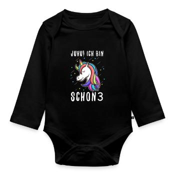 Ich bin schon 3 Einhorn - Baby Bio-Langarm-Body - Schwarz - Vorne