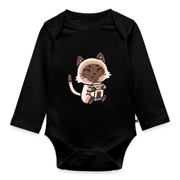 Katze trinkt Schokomilch Anime Manga - Baby Bio-Langarm-Body - Schwarz - Vorne