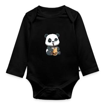 Kawaii Panda Otaku Boba Tee - Baby Bio-Langarm-Body - Schwarz - Vorne
