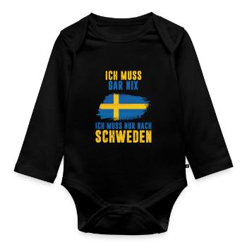 ICH MUSS GAR NIX ICH MUSS NUR NACH SCHWEDEN Skandi - Baby Bio-Langarm-Body - Schwarz - Vorne