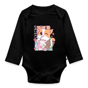 Süße japanische Kawaii Katze Erdbeermilch Shake Nek - Baby Bio-Langarm-Body - Schwarz - Vorne