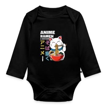 Anime Ramen und Skizzieren - Otaku Lucky Cat - Baby Bio-Langarm-Body - Schwarz - Vorne