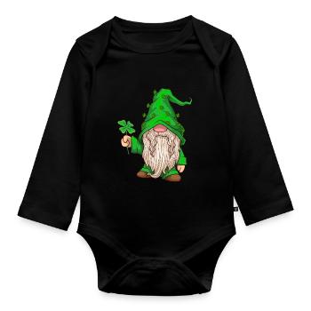 Zwerg hält Kleeblatt - St Patrick's Day - Baby Bio-Langarm-Body - Schwarz - Vorne