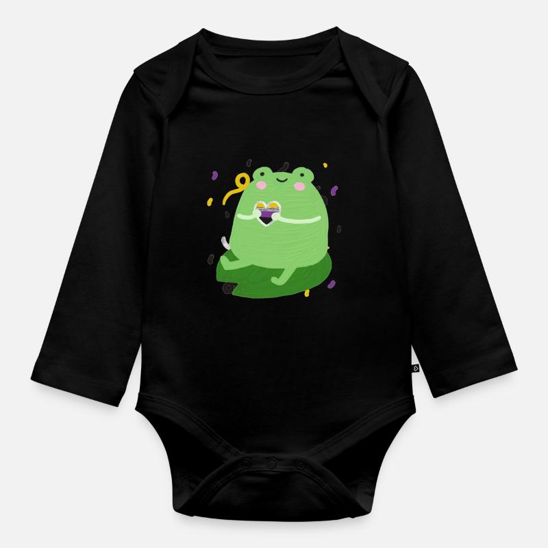 Sweet frog with non-binary pride flag colors - Organic Longsleeve Baby Bodysuit - black
