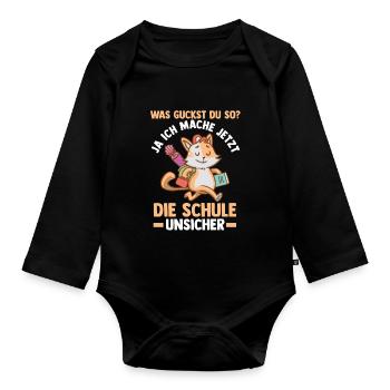 Schulkind Katze Schüler Schulanfang Einschulung - Baby Bio-Langarm-Body - Schwarz - Vorne