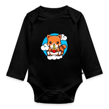 Red Panda Sitting On A Cloud And Eating Ramen - Organic Longsleeve Baby Bodysuit - black - Front