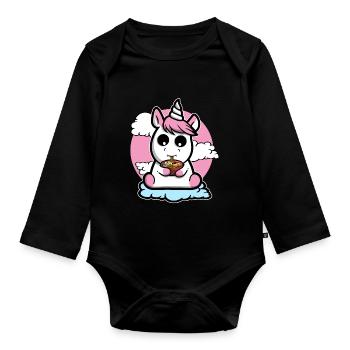 Unicorn Sitting On A Cloud And Eating Ramen - Organic Longsleeve Baby Bodysuit - black - Front