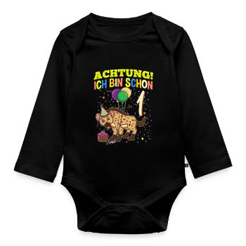Achtung Ich Bin Schon 1 Tier Geburtstag Hyäne - Baby Bio-Langarm-Body - Schwarz - Vorne