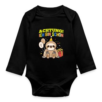 Achtung Ich Bin Schon 1 Tier Geburtstag Faultier - Baby Bio-Langarm-Body - Schwarz - Vorne