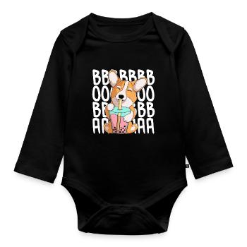 süßer kawaii corgi trinkt boba tee - Baby Bio-Langarm-Body - Schwarz - Vorne