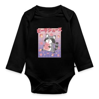 Kawaii Raccoon Drinking Peach Juice - Organic Longsleeve Baby Bodysuit - black - Front