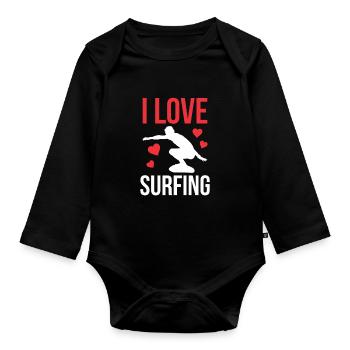 I love Surfing Surfing Surfer Surfboard - Organic Longsleeve Baby Bodysuit - black - Front