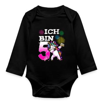5. Geburtstag Mädchen 5 Jahre Einhorn - Baby Bio-Langarm-Body - Schwarz - Vorne