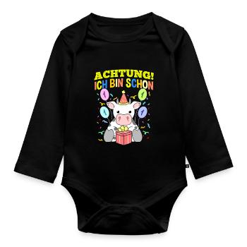 Achtung Ich Bin Schon 1 Geburtstag Kuh - Baby Bio-Langarm-Body - Schwarz - Vorne