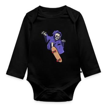 Skeleton rides skateboard skater Halloween - Body Bébé bio manches longues - noir - Devant