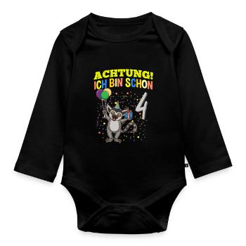 Achtung Ich Bin Schon 4 Tier Geburtstag Lemur Affe - Baby Bio-Langarm-Body - Schwarz - Vorne