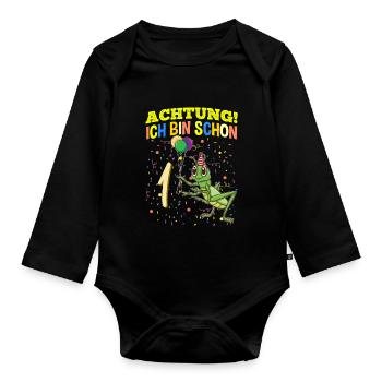 Achtung Ich Bin Schon 1 Tier Geburtstag Grashüpfer - Baby Bio-Langarm-Body - Schwarz - Vorne