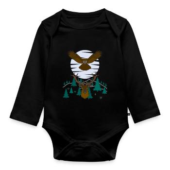 Red Deer Owl Bird Animal Motif - Organic Longsleeve Baby Bodysuit - black - Front